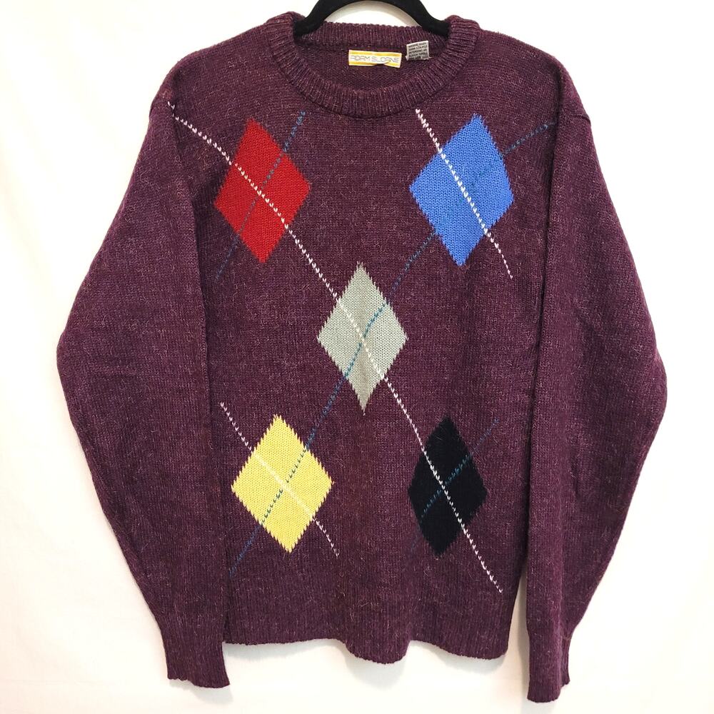 Grandpa Purple Argyle Diamond Acrylic Wool Knit Men's Size M VTG Adam Sloane